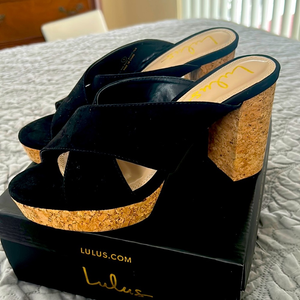 Lulus Sicily style suede cork platform shoes, size 8, black